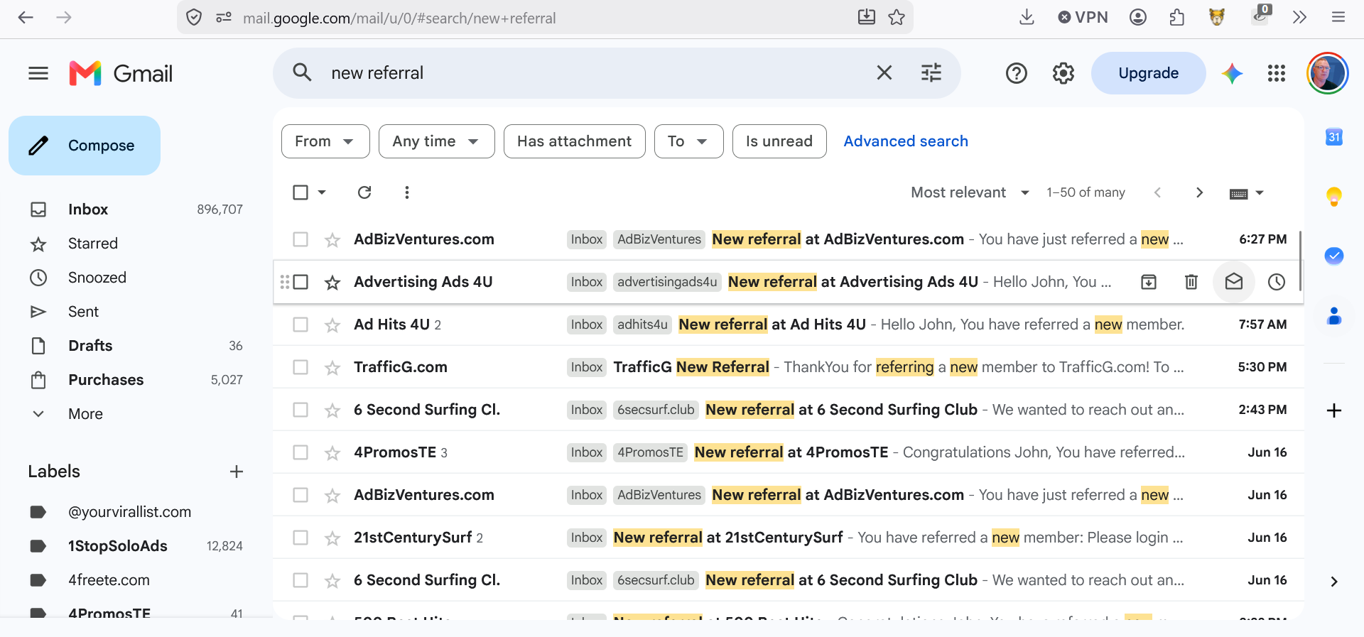 Gmail inbox showing referral notifications from traffic exchanges